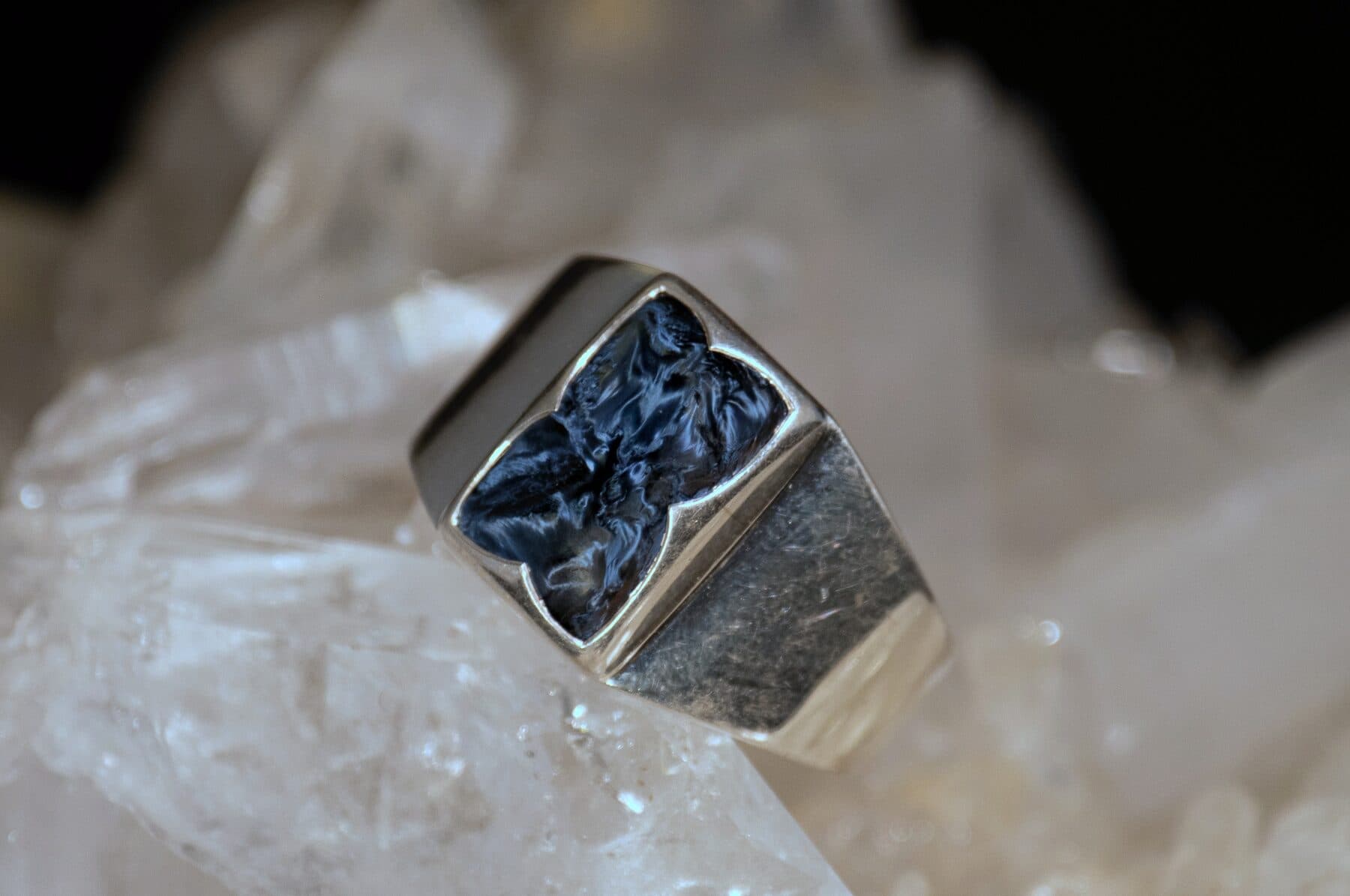 Silver rectangular inlay signet ring with pietersite on crystal